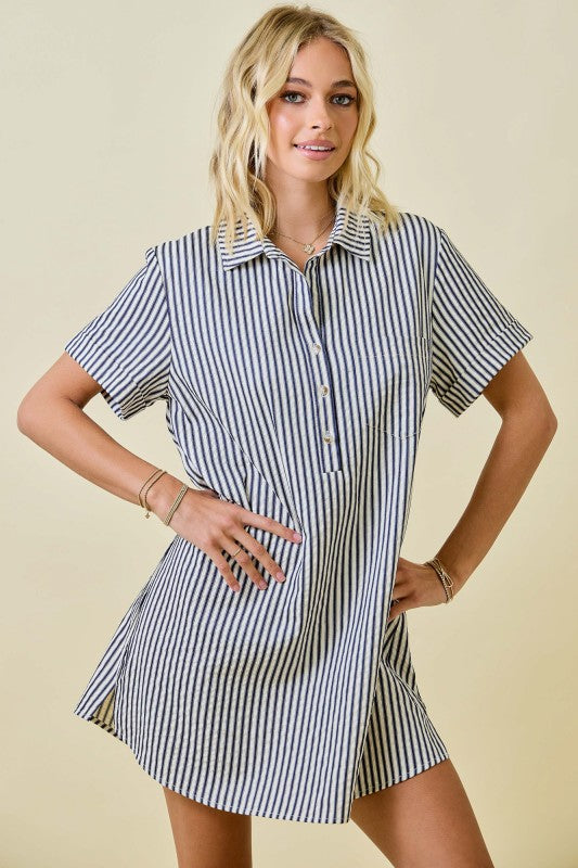 searsucker shirt dress SOLANUM STRIPED COTTON SEERSUCKER SHIRT DRESS  Marimo Fashion