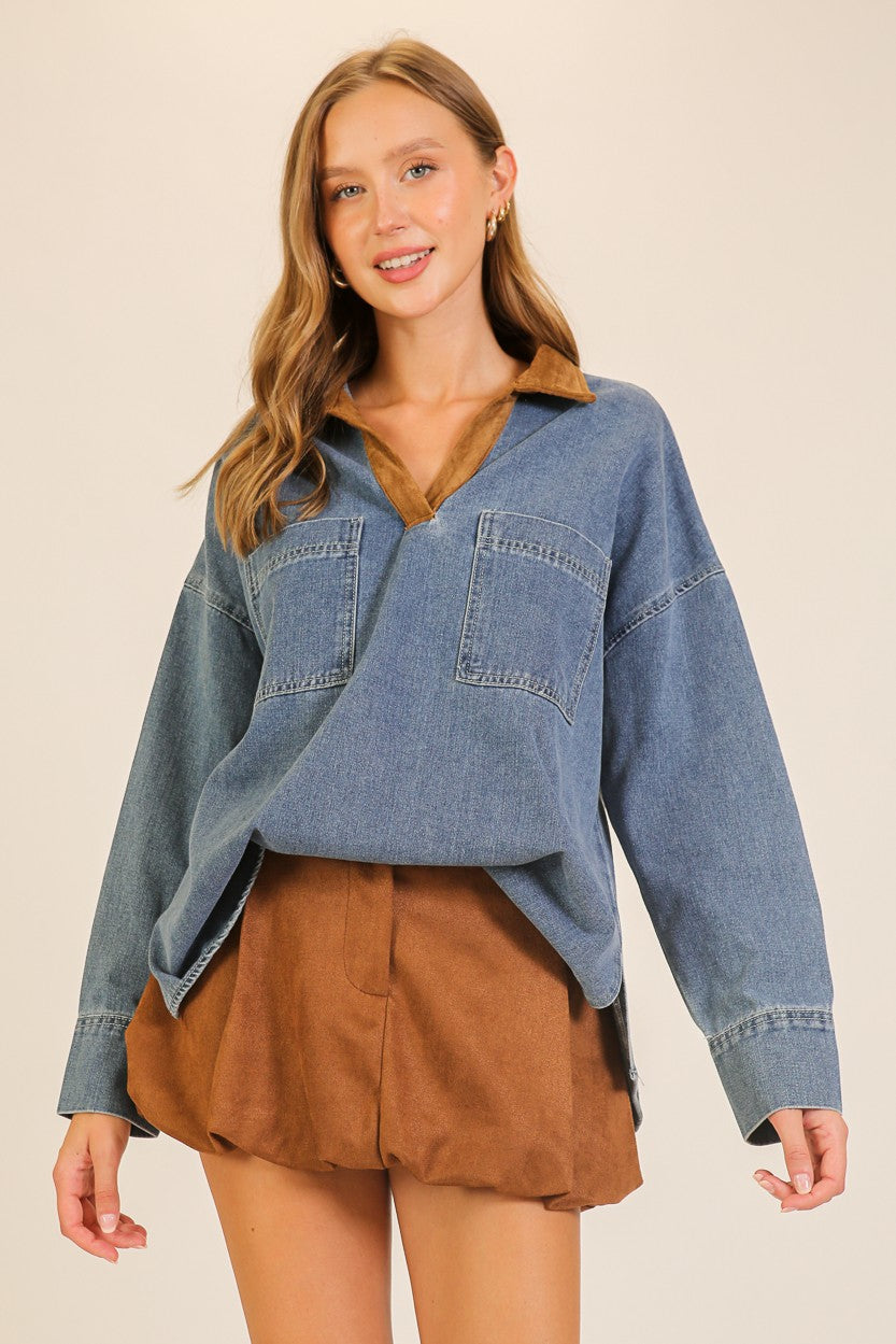 NEWEST ARRIVAL Denim Oversized Suede Collar Top