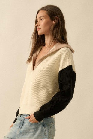 NEWEST ARRIVAL Cream Color Block Slouchy Sweater