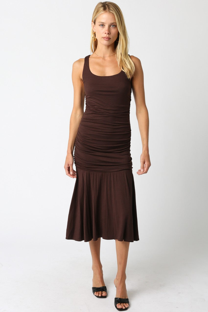 NEWEST ARRIVAL Chocolate Brown Ruched Midi Dress