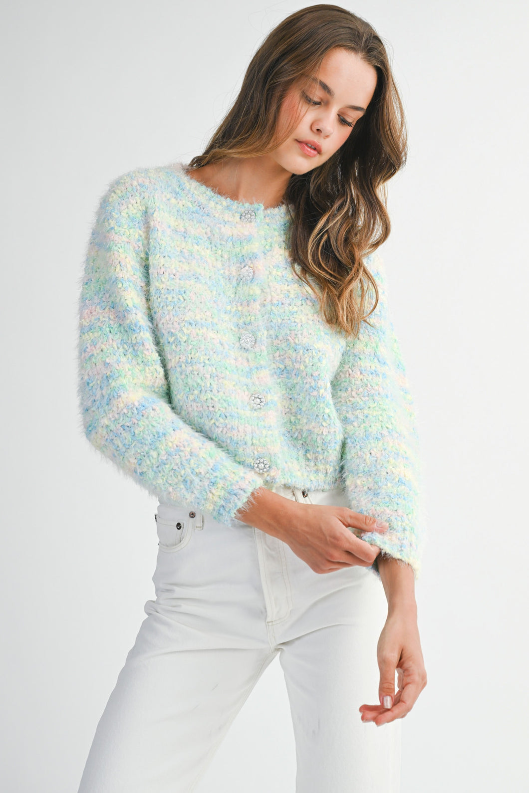 NEWEST ARRIVAL Blue Colorful Fuzzy Knit Cardigan