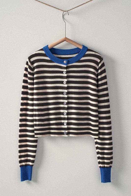 NEWEST ARRIVAL Royal Blue/Black Striped Button Down Knit Cardigan