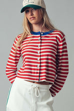 Load image into Gallery viewer, NEWEST ARRIVAL Royal Blue/Red Striped Button Down Knit Cardigan
