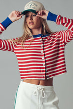 Load image into Gallery viewer, NEWEST ARRIVAL Royal Blue/Red Striped Button Down Knit Cardigan
