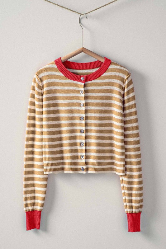 NEWEST ARRIVAL Red/Tan Striped Button Down Knit Cardigan