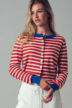 Load image into Gallery viewer, NEWEST ARRIVAL Royal Blue/Red Striped Button Down Knit Cardigan

