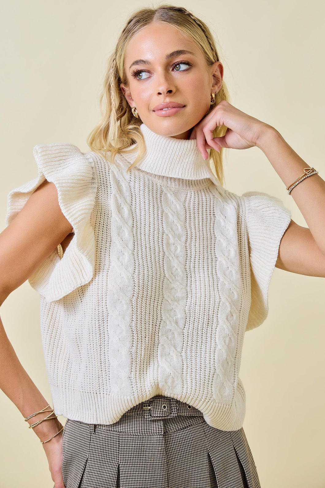 NEWEST ARRIVAL Off White Flutter Sleeve Chunky Turtleneck