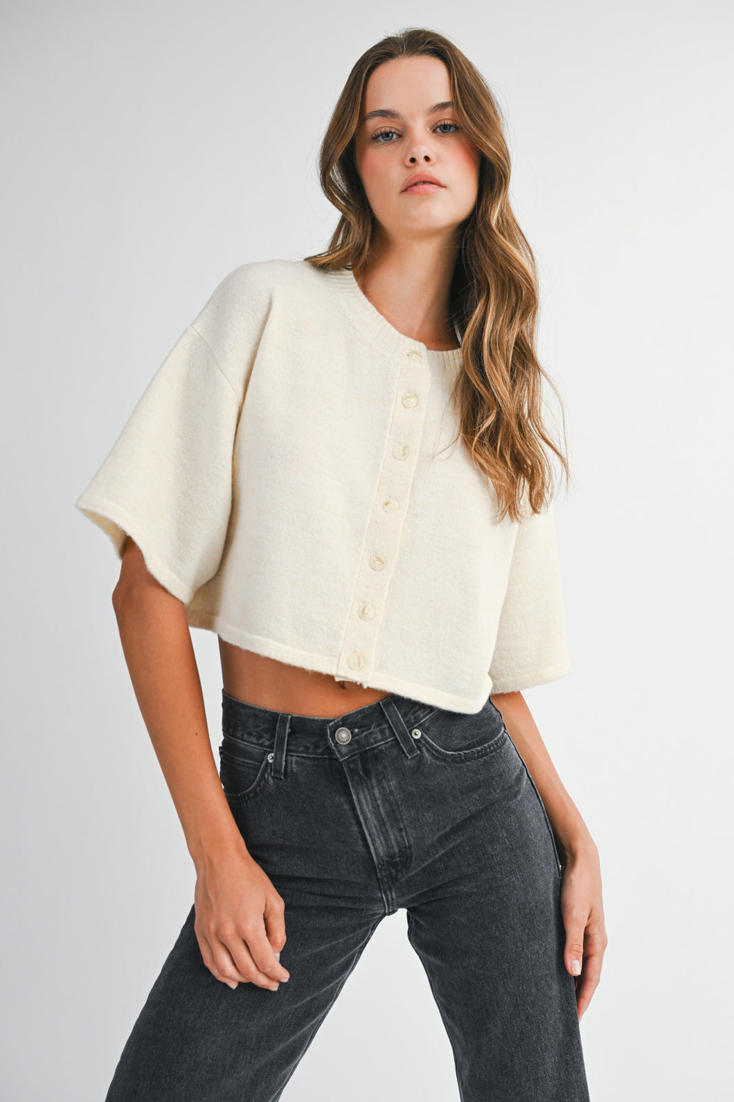 NEWEST ARRIVAL Cream Button Front Elbow Sleeve Cardigan