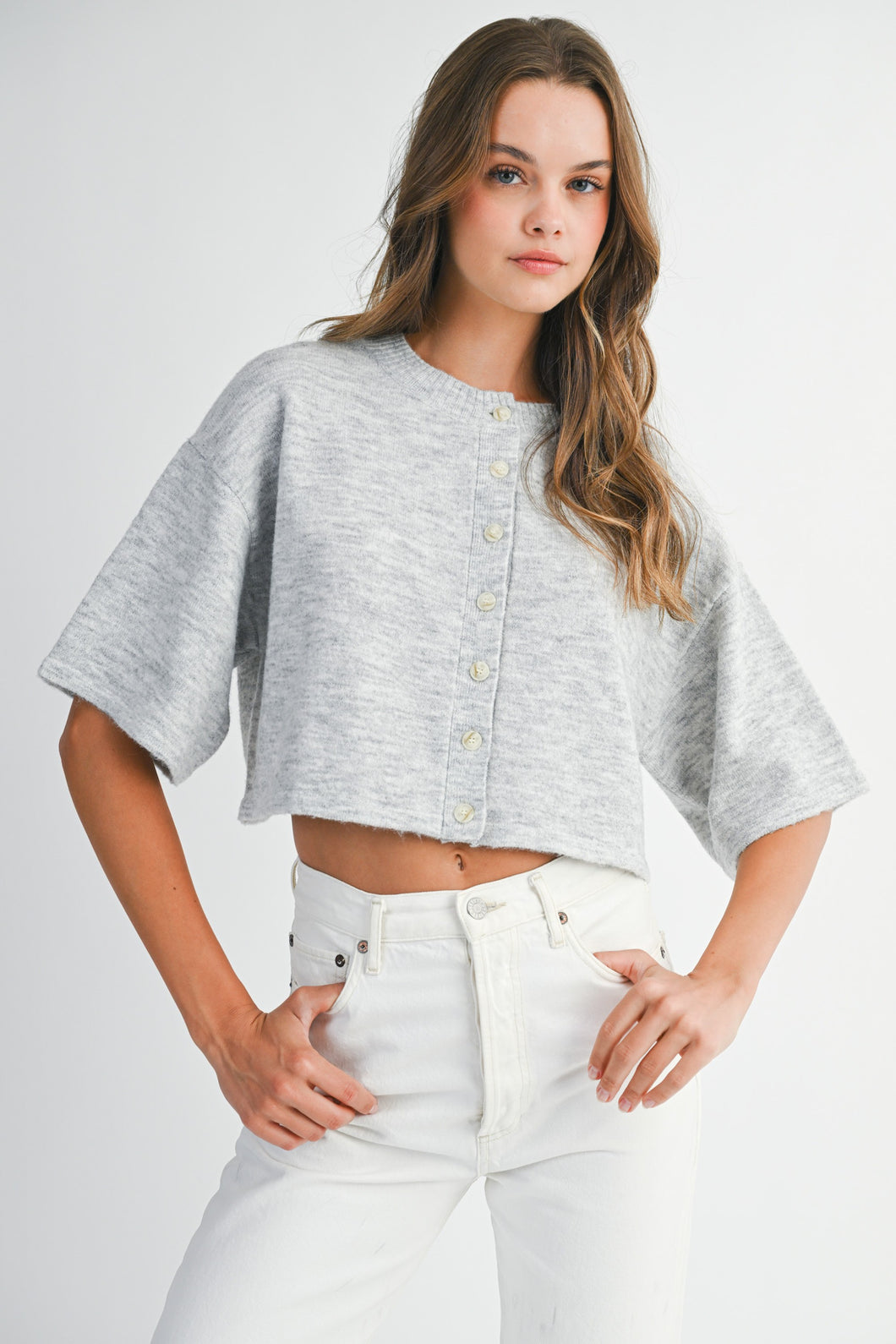 NEWEST ARRIVAL Light Gray Button Front Elbow Sleeve Cardigan