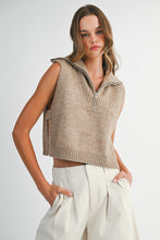 Load image into Gallery viewer, NEWEST ARRIVAL Mocha Brown Half Zip Side Open Knit Sleeveless Sweater
