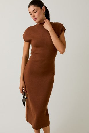 NEWEST ARRIVAL Cognac Brown Mock Neck Sweater Fitted Midi Dress