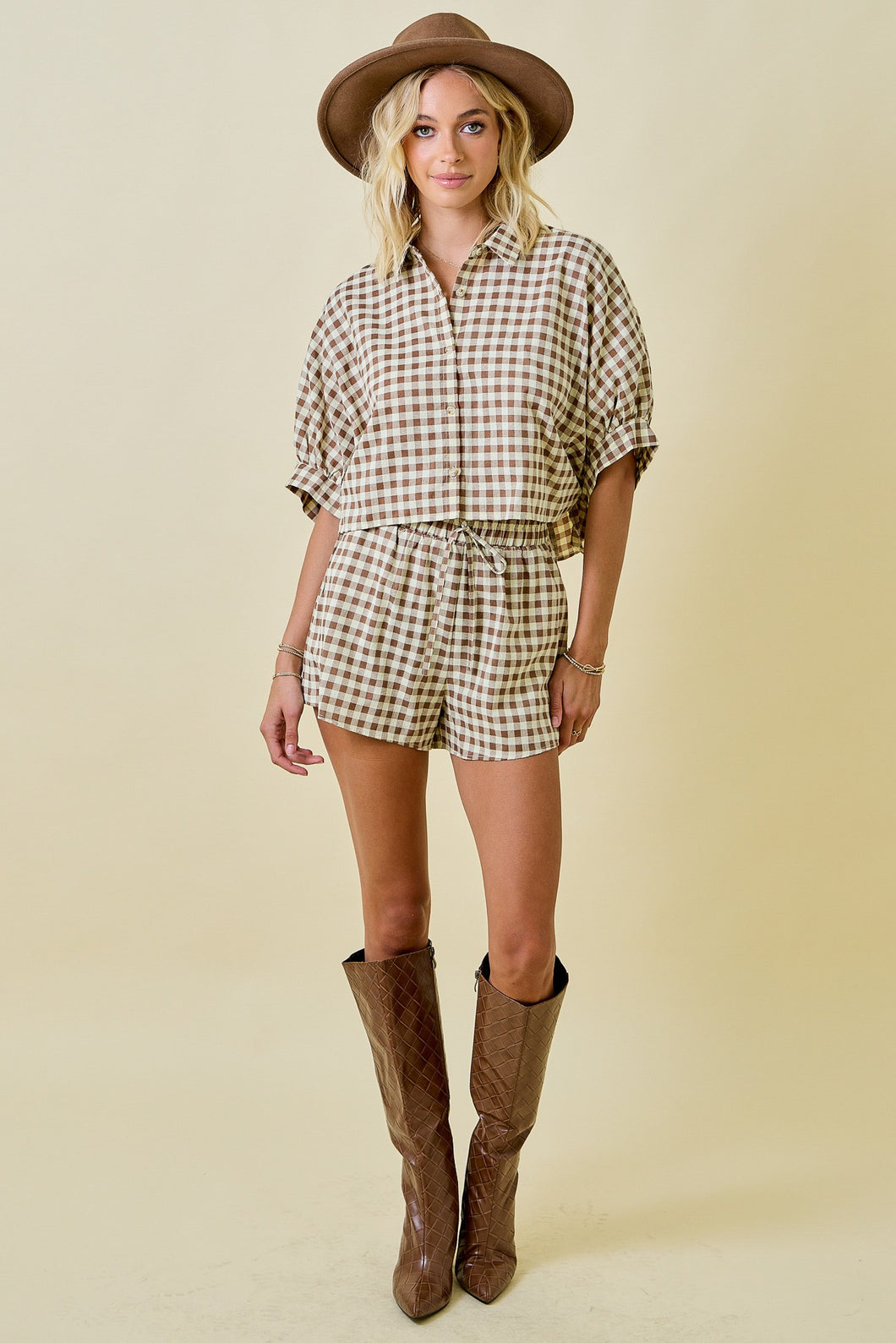 NEWEST ARRIVAL Brown Plaid Shorts Set