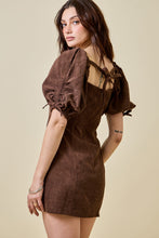 Load image into Gallery viewer, NEWEST ARRIVAL Brown Corduroy Puff Sleeve Mini Dress
