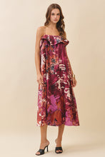 Load image into Gallery viewer, NEWEST ARRIVAL Wine Satin Floral Flowy Midi Dress
