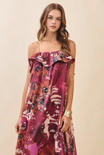 Load image into Gallery viewer, NEWEST ARRIVAL Wine Satin Floral Flowy Midi Dress
