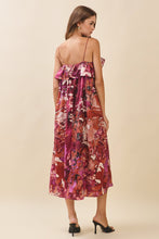 Load image into Gallery viewer, NEWEST ARRIVAL Wine Satin Floral Flowy Midi Dress
