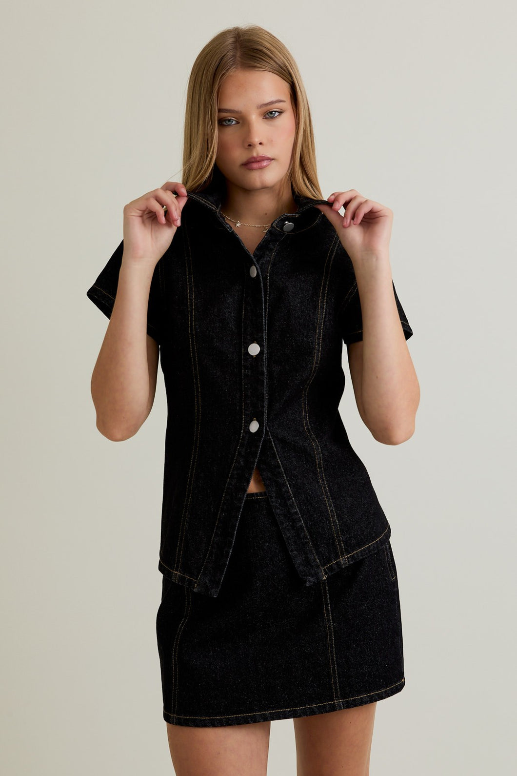 NEWEST ARRIVAL Short Sleeve Black Denim Mini Skirt Set