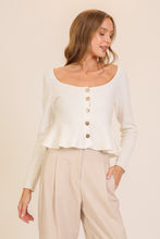 Load image into Gallery viewer, NEWEST ARRIVAL Off White Gold Button Peplum Sweater
