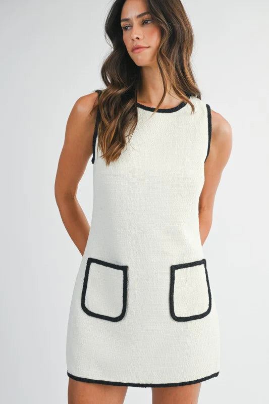 NEWEST ARRIVAL White/Black Tweed Sleeveless Dress