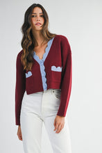 Load image into Gallery viewer, NEWEST ARRIVAL Burgundy Wine Scallop Trim Cardigan
