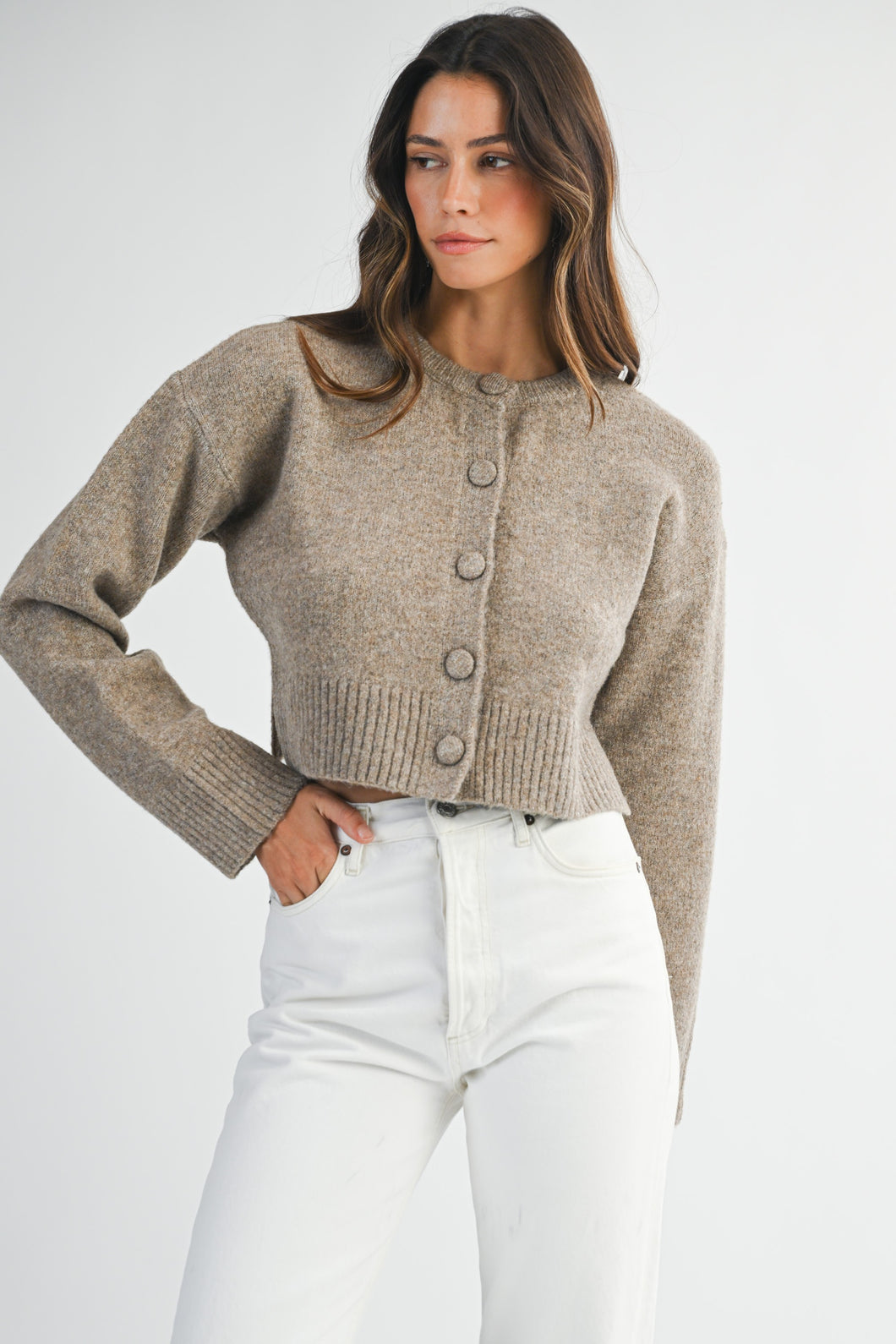 NEWEST ARRIVAL Mocha Brown Round Neck Button Front Cardigan