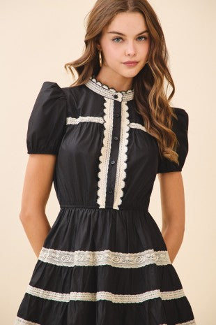 NEWEST ARRIVAL Black/Ivory Lace Puff Sleeve Dress
