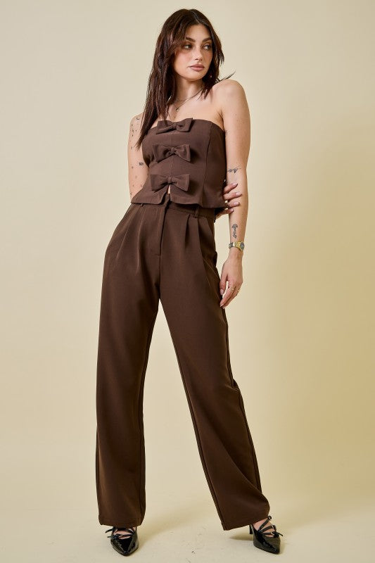NEWEST ARRIVAL Brown Bow Strapless Pants Set