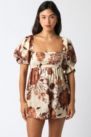 NEWEST ARRIVAL Satin Brown Floral Babydoll Romper