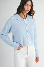 Load image into Gallery viewer, NEWEST ARRIVAL Blue Fuzzy Knit Scallop Peter Pan Collar Cardigan Sweater
