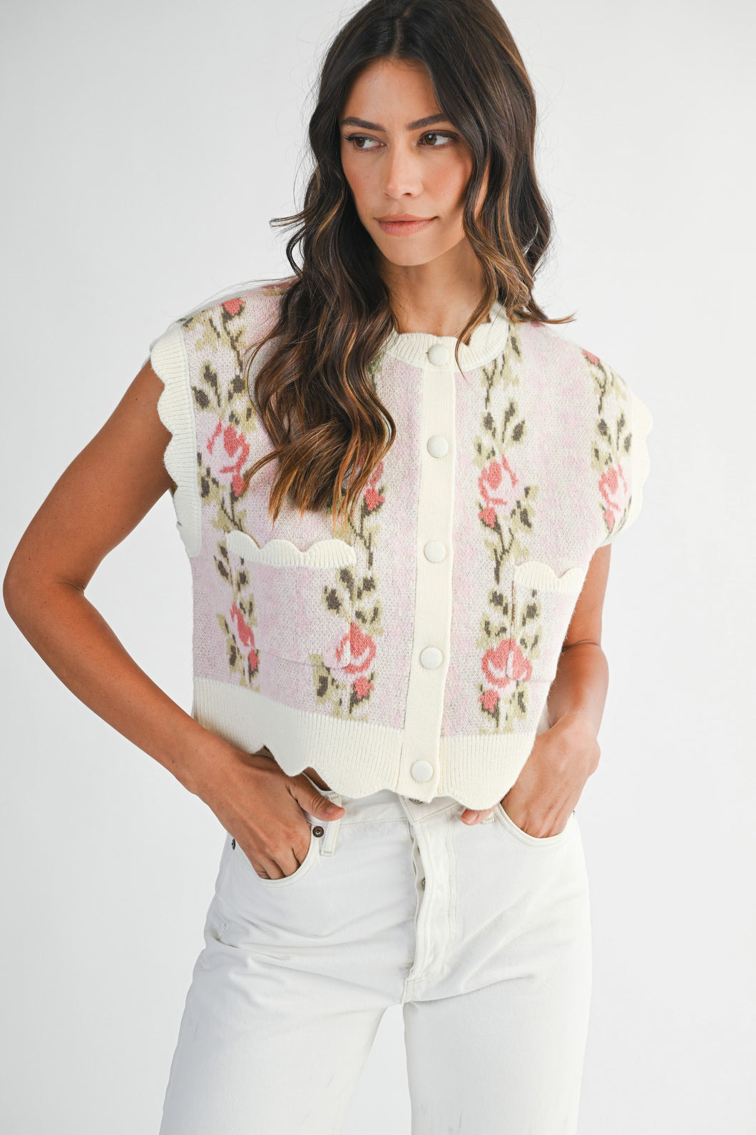 NEWEST ARRIVAL Pink Floral Jacquard Knit Sweater Vest