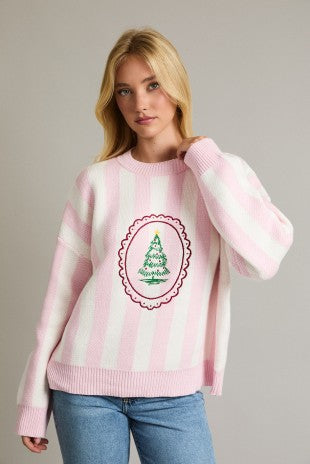 NEWEST ARRIVAL Pink/White Striped Christmas Tree Sweater