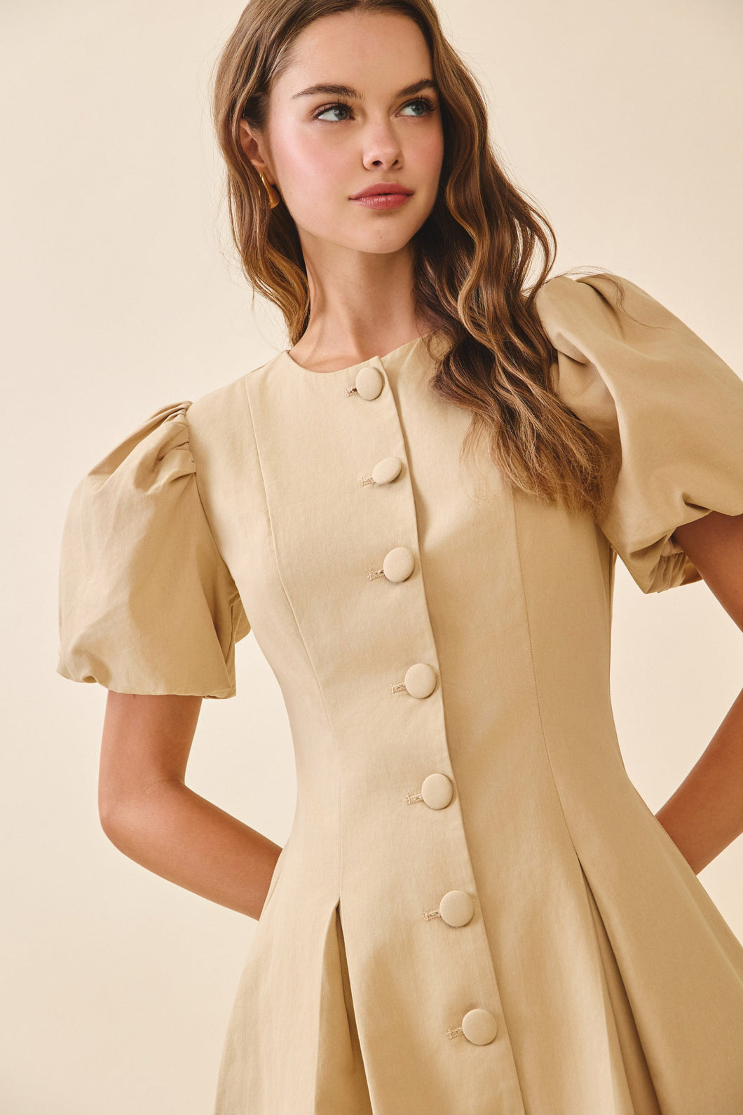 LAST ONE FINAL SALE Cream Puff Sleeve Button Front Dress Five Points Boutique LAST ONE FINAL SALE Cream Puff Sleeve Button Front Dress Five Points Boutique
