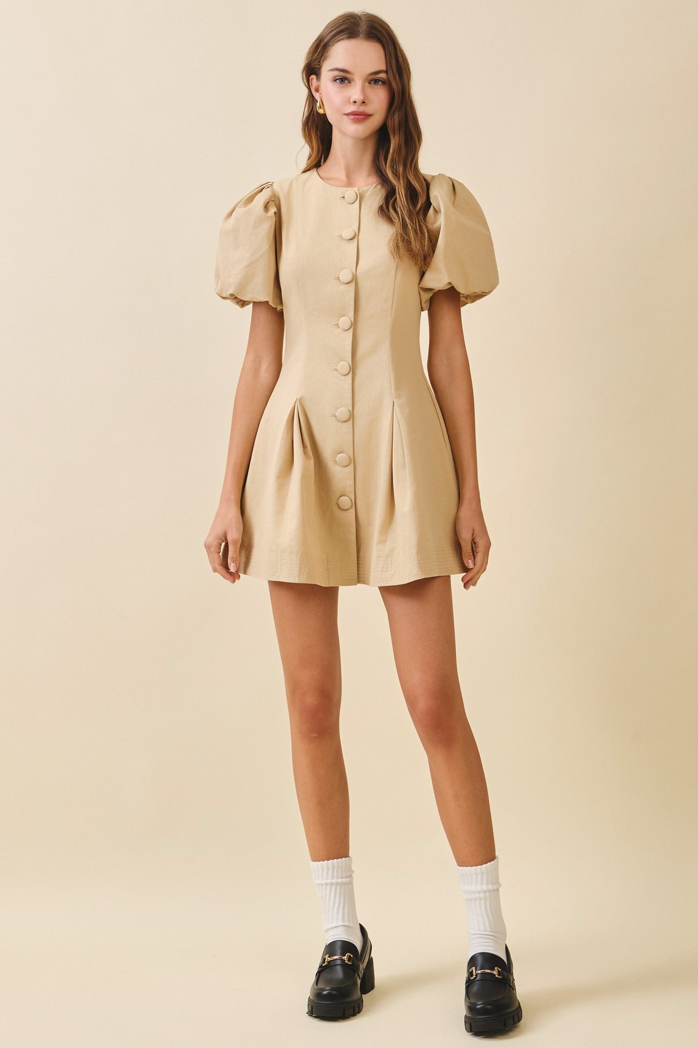 LAST ONE FINAL SALE Cream Puff Sleeve Button Front Dress Five Points Boutique LAST ONE FINAL SALE Cream Puff Sleeve Button Front Dress Five Points Boutique