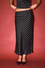 Load image into Gallery viewer, NEWEST ARRIVAL Black Polka Dot Scarf Neck Midi Satin Skirt Set
