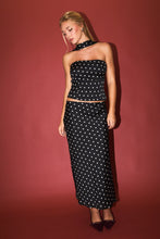 Load image into Gallery viewer, NEWEST ARRIVAL Black Polka Dot Scarf Neck Midi Satin Skirt Set
