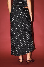 Load image into Gallery viewer, NEWEST ARRIVAL Black Polka Dot Scarf Neck Midi Satin Skirt Set
