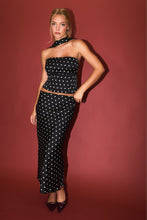 Load image into Gallery viewer, NEWEST ARRIVAL Black Polka Dot Scarf Neck Midi Satin Skirt Set
