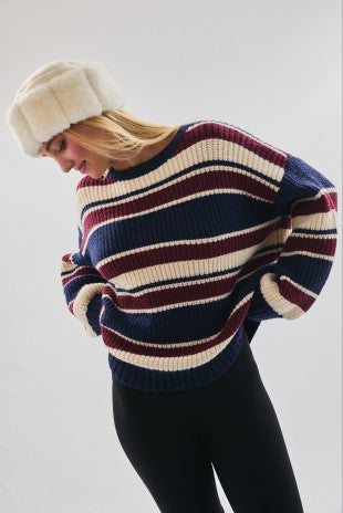 NEWEST ARRIVAL Navy/Burgundy Color Block Striped Sweater