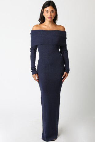 NEWEST ARRIVAL Navy or Cream Off Shoulder Long Sleeve Knit Maxi Dress