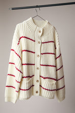Load image into Gallery viewer, NEWEST ARRIVAL Cream/Red Striped Oversized Cozy Mock Neck Cardigan
