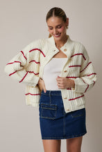 Load image into Gallery viewer, NEWEST ARRIVAL Cream/Red Striped Oversized Cozy Mock Neck Cardigan
