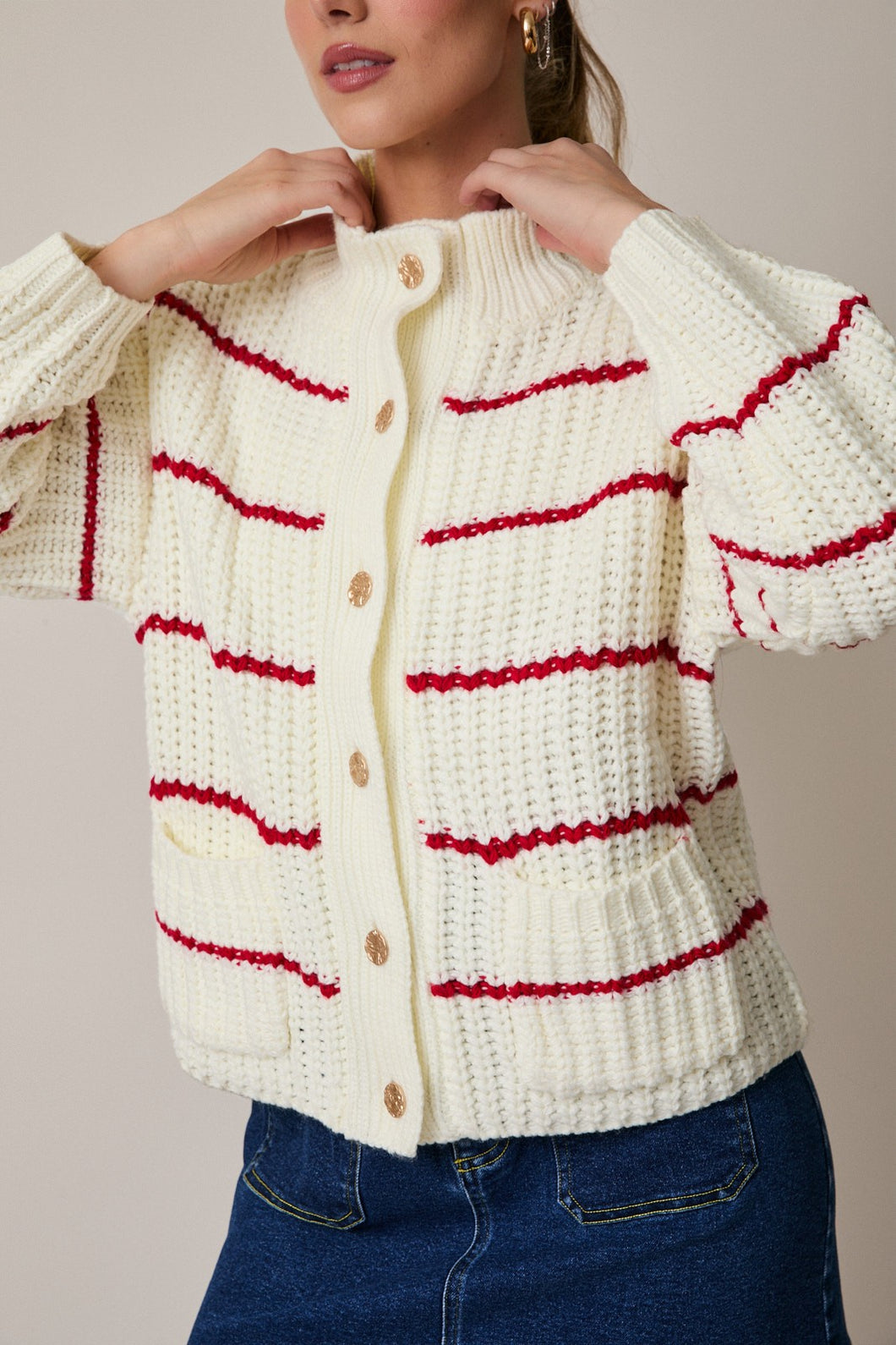 NEWEST ARRIVAL Cream/Red Striped Oversized Cozy Mock Neck Cardigan