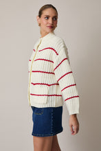 Load image into Gallery viewer, NEWEST ARRIVAL Cream/Red Striped Oversized Cozy Mock Neck Cardigan
