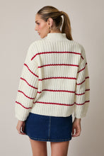 Load image into Gallery viewer, NEWEST ARRIVAL Cream/Red Striped Oversized Cozy Mock Neck Cardigan
