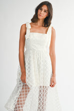 Load image into Gallery viewer, NEWEST ARRIVAL Off White Satin Sheer Embroidered Overlay Midi Dress
