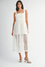 Load image into Gallery viewer, NEWEST ARRIVAL Off White Satin Sheer Embroidered Overlay Midi Dress

