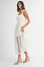 Load image into Gallery viewer, NEWEST ARRIVAL Off White Satin Sheer Embroidered Overlay Midi Dress
