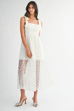 Load image into Gallery viewer, NEWEST ARRIVAL Off White Satin Sheer Embroidered Overlay Midi Dress
