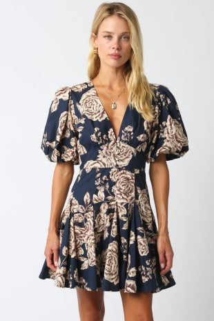 NEWEST ARRIVAL Fall Navy/Cream Floral Puff Sleeve Dress