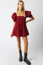 Load image into Gallery viewer, NEWEST ARRIVAL Burgundy Denim Puff Sleeve Romper
